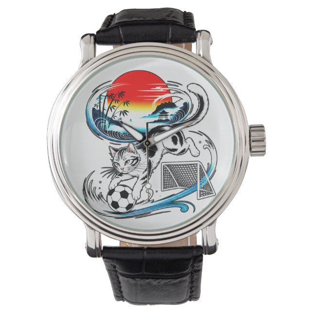 Japanese Soccer Cat Gift for Anime & Football fans Watch (Front)