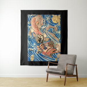 Japanese sorcerer evoking a storm-dragon tapestry
