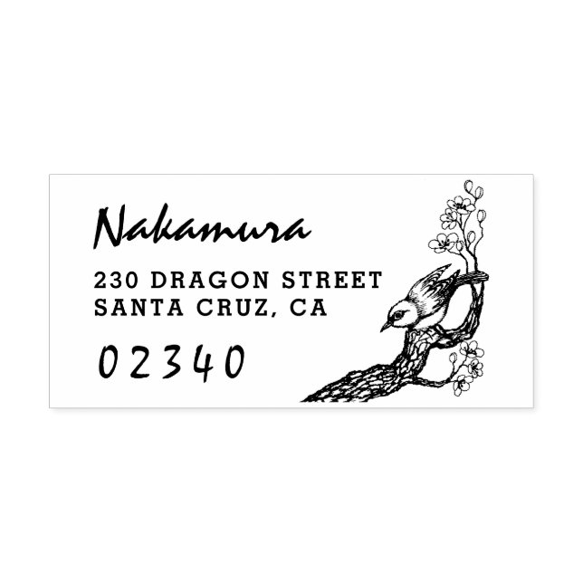 Japanese Sparrow & Cherry Blossom Return Address Rubber Stamp (Imprint)