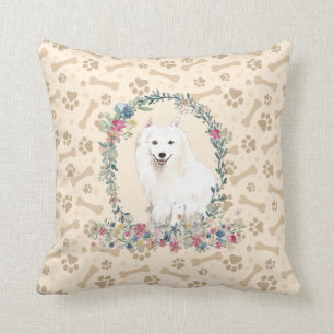 Japanese Spitz Dog Paw Print & Floral Cute Cushion