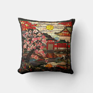 Japanese Stained Glass Art Throw Pillow