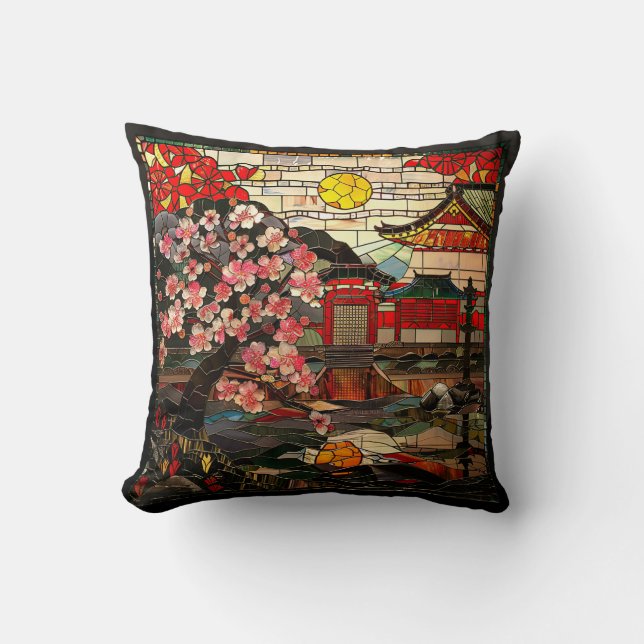 Japanese Stained Glass Art Throw Pillow (Front)