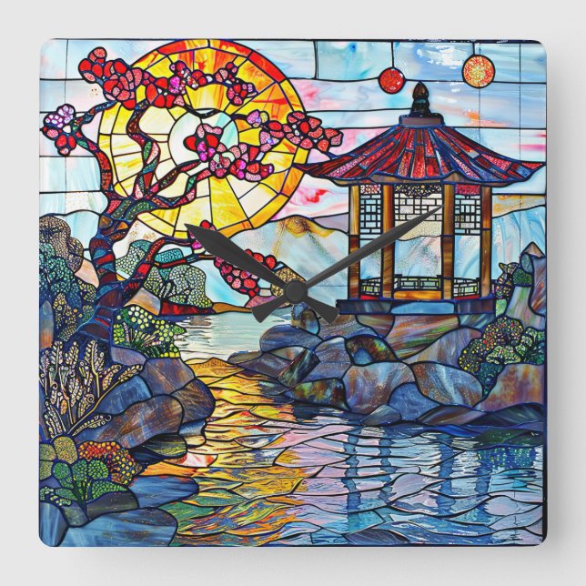 Japanese Stained Glass Art Wall Clock (Front)