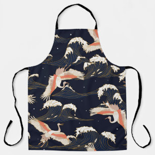 japanese storks in vintage style on green backgrou apron