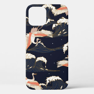 japanese storks in vintage style on green backgrou iPhone 12 case