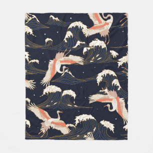 japanese storks in vintage style on green backgrou fleece blanket