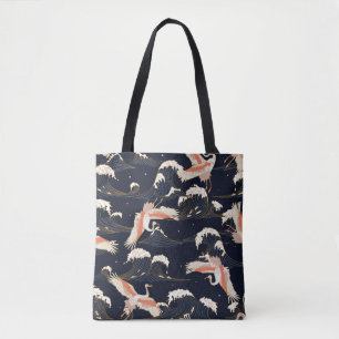 japanese storks in vintage style on green backgrou tote bag