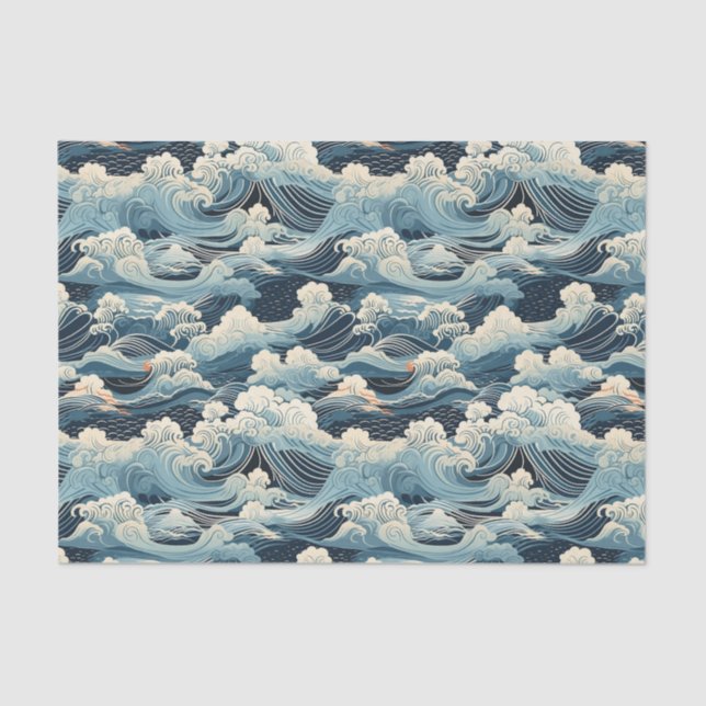Japanese Style Abstract Ocean Waves Decoupage Tissue Paper (Front)
