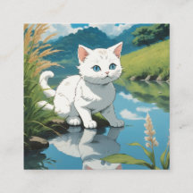 Japanese style art of a white kitten eating a fish
