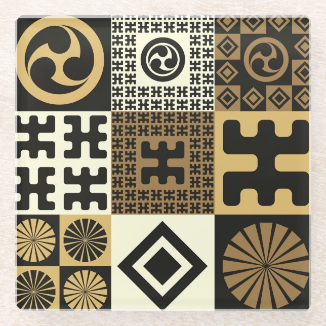 Japanese style, black gold seamless patterns. glass coaster (Front)