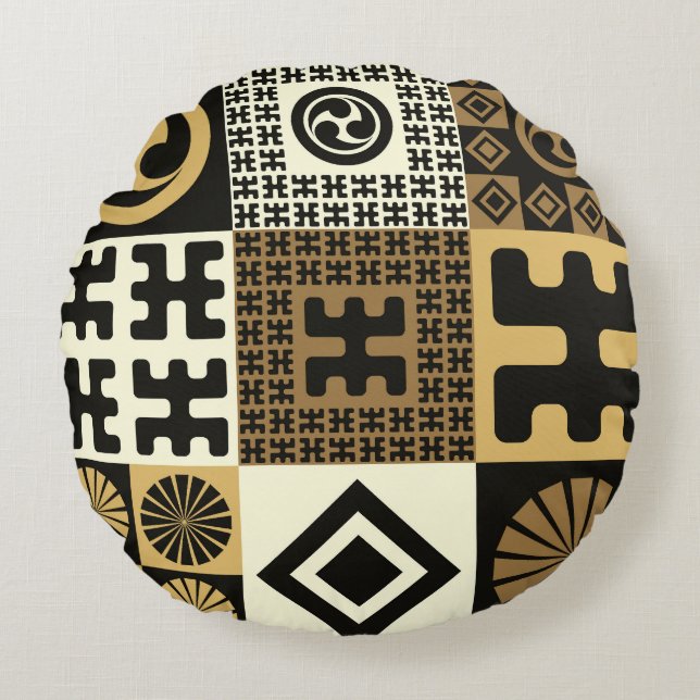 Japanese style, black gold seamless patterns. round cushion (Front)