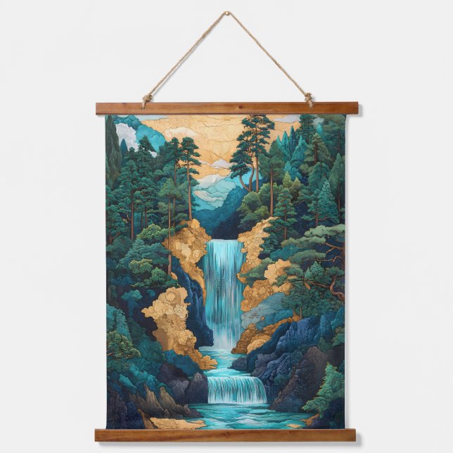 Japanese Style Cascading Green Waterfall Hanging Tapestry (Front)