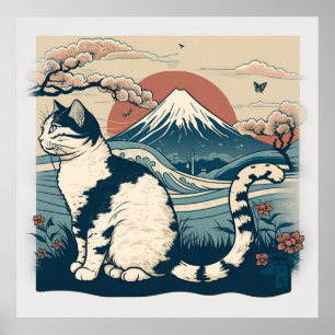 Japanese Style Cat Art Poster for Cat Lovers