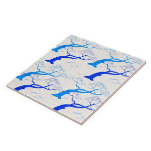 Japanese style cherry tree pattern in blue ceramic tile