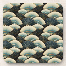 Japanese Style Cream Gold Teal Fan Print