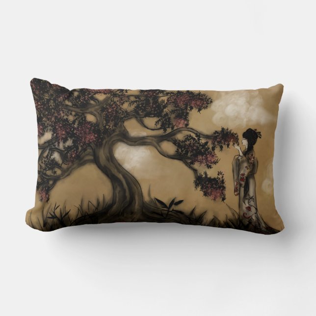 Japanese Style Geisha and Blossoming Tree Lumbar Cushion (Front)