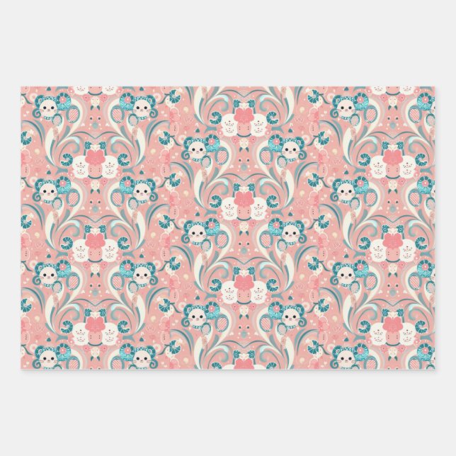 Japanese Style Kawaii Art 3 Wrapping Paper Sheets (Front)