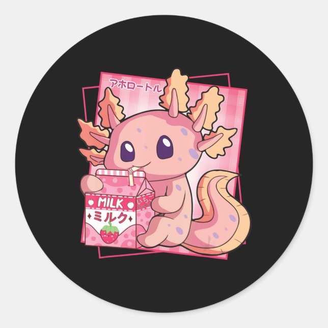 Japanese Style Kawaii Axolotl Strawberry Milk Anim Classic Round Sticker (Front)