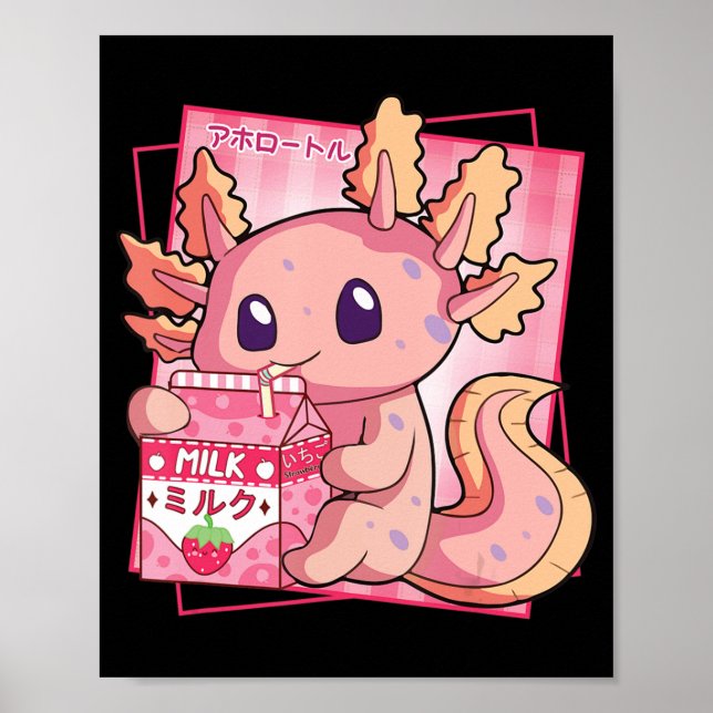 Japanese Style Kawaii Axolotl Strawberry Milk Anim Poster (Front)