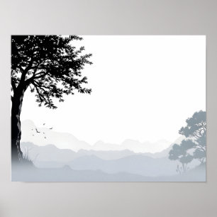 Japanese style landscape design in black and white poster