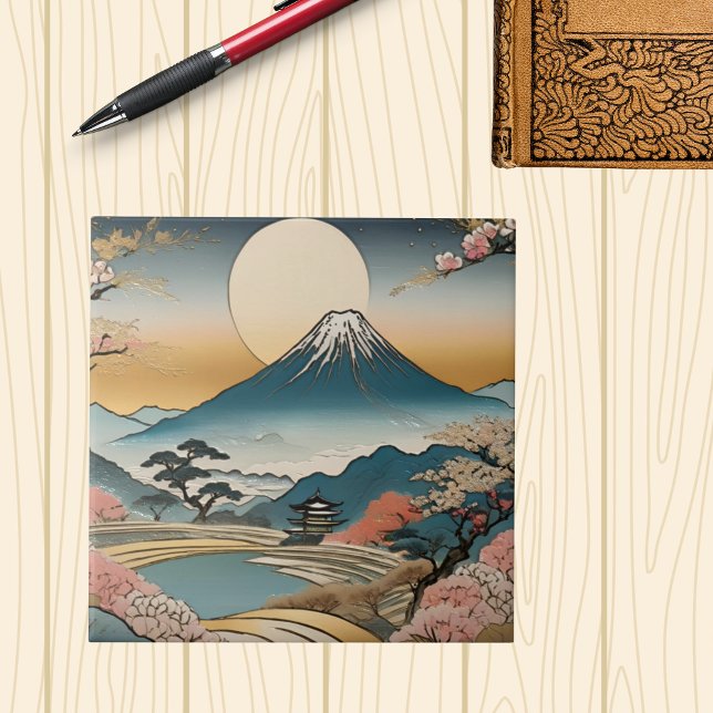 Japanese Style Mountain Sakura Pagoda and Sun  Ceramic Tile (Creator Uploaded)