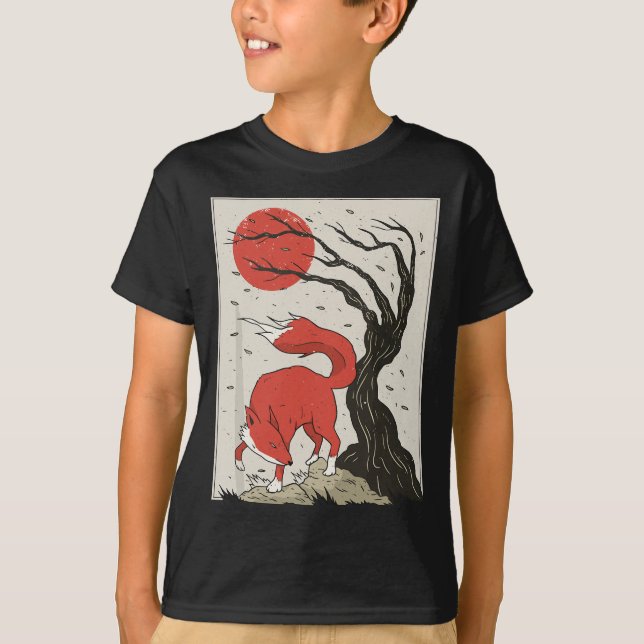 Japanese Style Painting Of The Fox, Tree And Sun T-Shirt (Front)