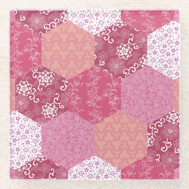 Japanese Style Patchwork Pattern Design Glass Coaster (Front)
