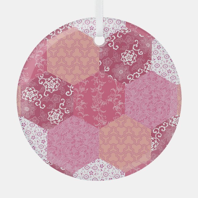 Japanese Style Patchwork Pattern Design Glass Tree Decoration (Front)