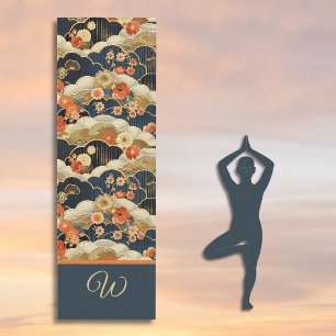 Japanese Style Retro Teal Floral and Clouds Print Yoga Mat