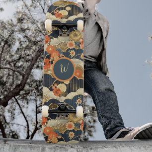 Japanese Style Retro Teal Floral n Clouds Initial Skateboard