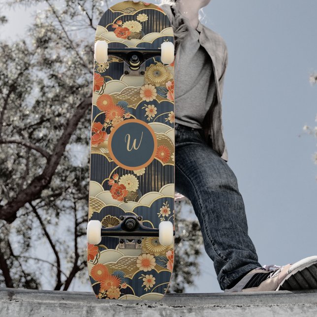 Japanese Style Retro Teal Floral n Clouds Initial Skateboard (Creator Uploaded)