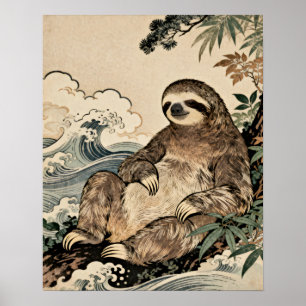 Japanese Style Sloth Poster – Relaxing Animal Art 