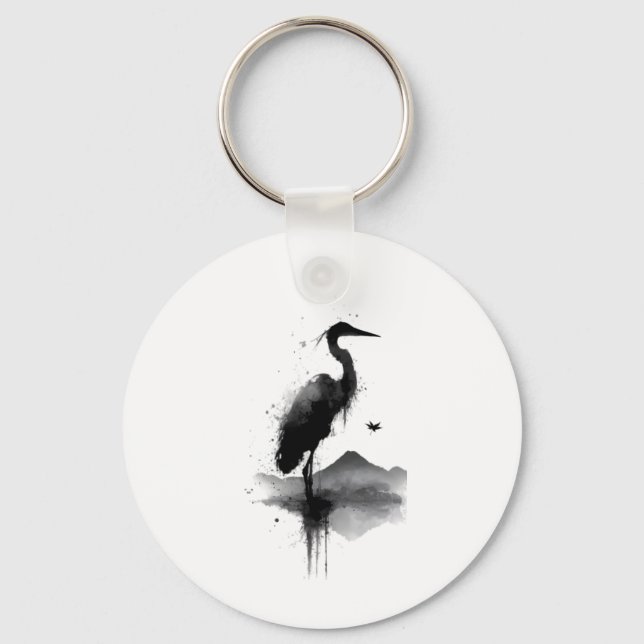 Japanese Sumi-e Crane Zen Keychain (Front)