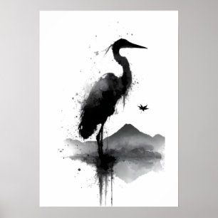 Japanese Sumi-e Crane Zen Wall Art Poster