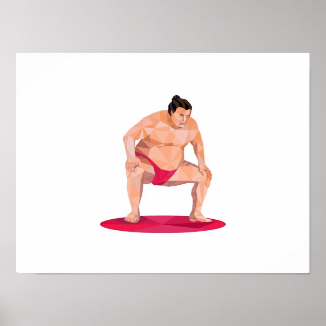 Japanese Sumo Wrestler Squat Low Polygon Poster (Front)