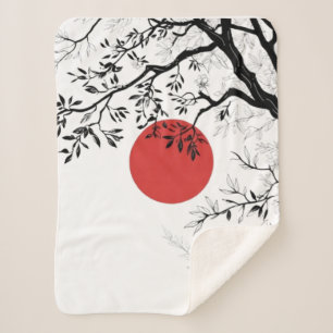 Japanese Sun & Nature Brush Art Sherpa Blanket
