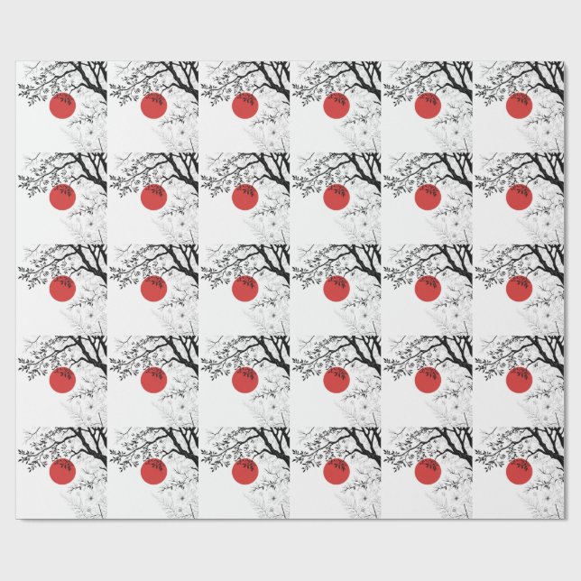 Japanese Sun & Nature Brush Art Wrapping Paper (Flat)