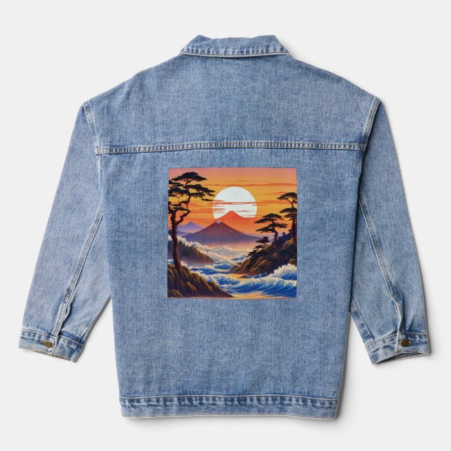 Japanese Sunrise Sunset Landscape Denim Jacket (Back)