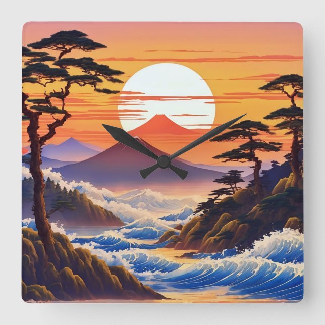 Japanese Sunrise Sunset Landscape Square Wall Clock (Front)