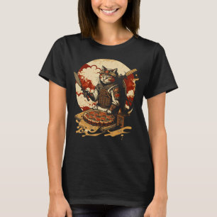 Japanese Sunset Samurai Cat Eat Pizza Ninja Kitte T-Shirt