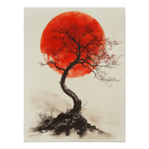 Japanese Sunset Tree - Red Sun Silhouette Art Poster