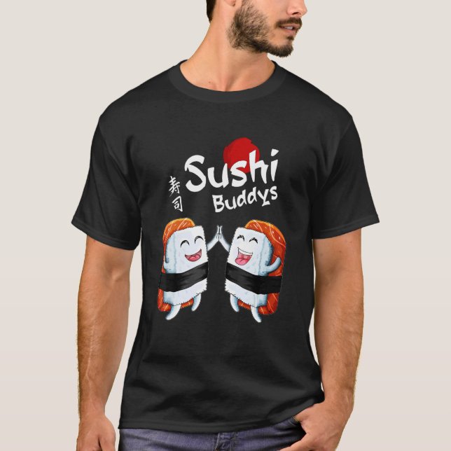 Japanese Sushi Buddies Made Of Rice And Fish Motif T-Shirt (Front)