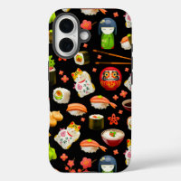 Japanese sushi fish dish pattern on black