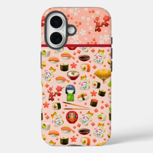 Japanese sushi fish dish pattern on pink iPhone 16 case