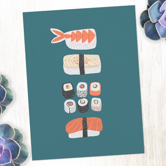 Japanese Sushi Nigiri Maki Roll Postcard (Japanese sushi food art postcard)