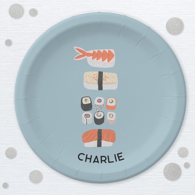 Japanese Sushi Personalised Paper Plate (Personalized name fun Japanese sushi food art paper party plate)