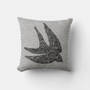 Japanese Swallow in Flight, Charcoal & Light Grey  Cushion