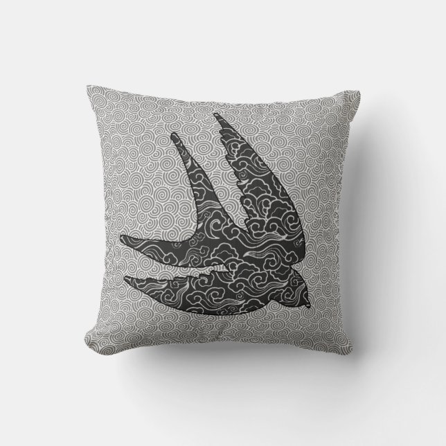 Japanese Swallow in Flight, Charcoal & Light Grey  Cushion (Front)