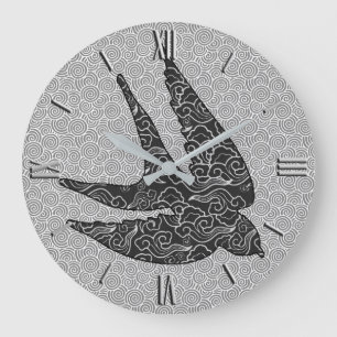 Japanese Swallow in Flight, Charcoal & Light Grey Large Clock