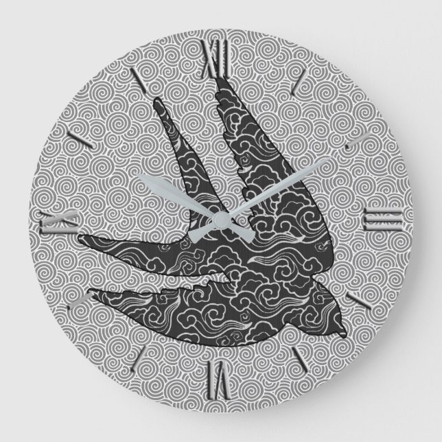 Japanese Swallow in Flight, Charcoal & Light Grey Large Clock (Front)